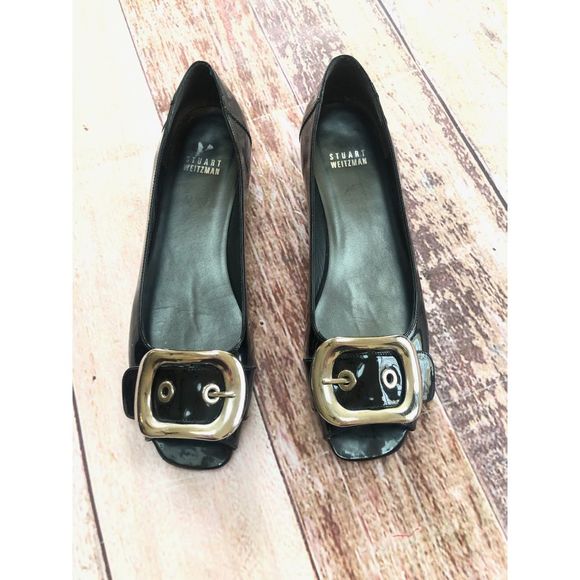 Stuart Weitzman Patent Peep Toe‎ Buckle Flats - Picture 2 of 8